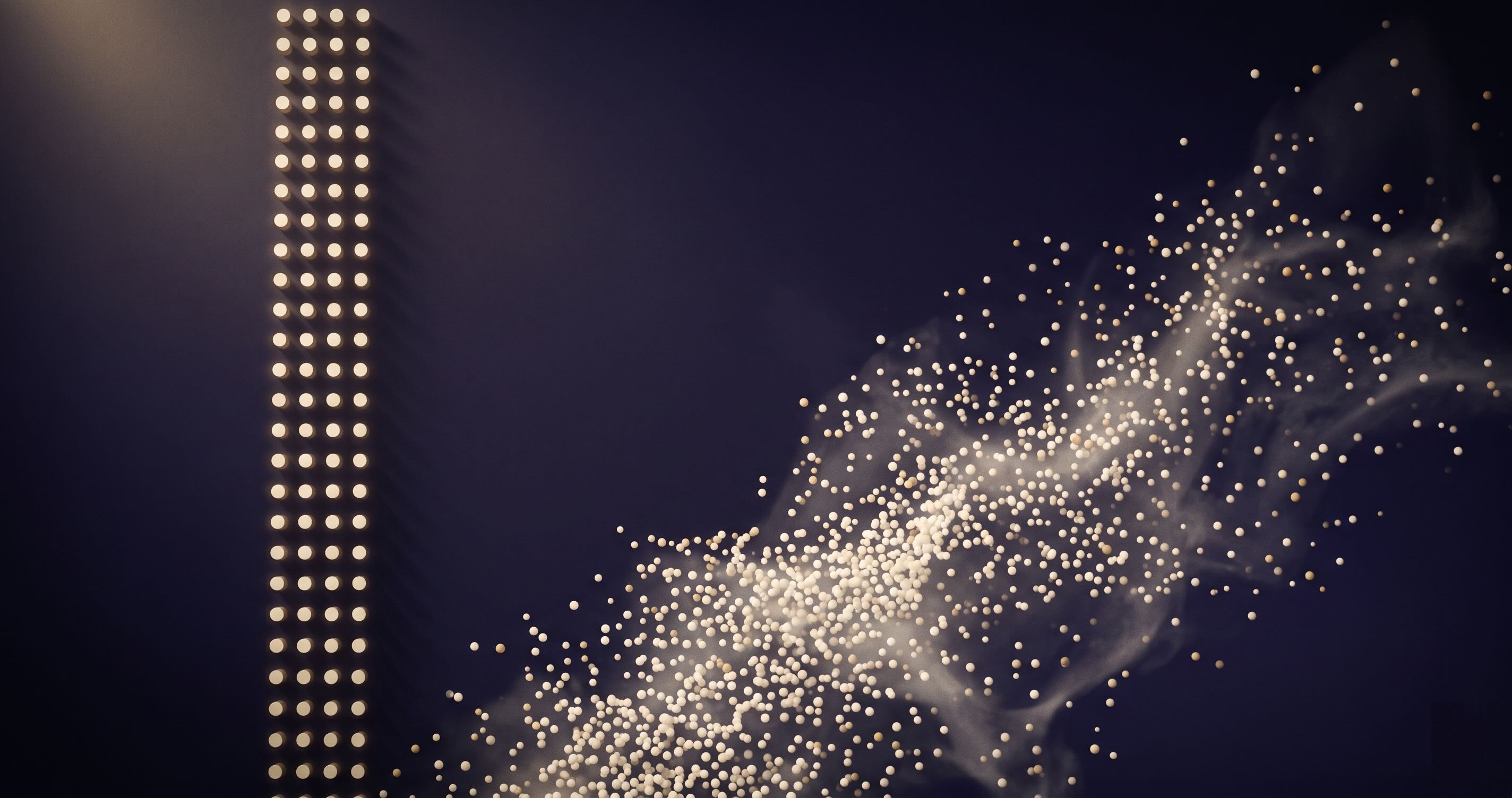 Abstract editorial illustration: an ordered glowing column on the left and a dispersed weightless particle field on the right, against a deep midnight gradient — visualizing fixed human headcount versus elastic AI token expenditure in security operations.